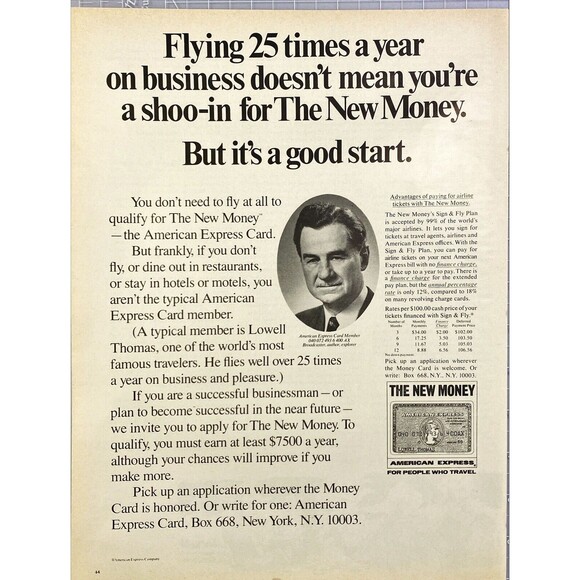 American Express Card "The New Money Advantages for Airline Travel"Print Ad 1970 - Picture 1 of 3